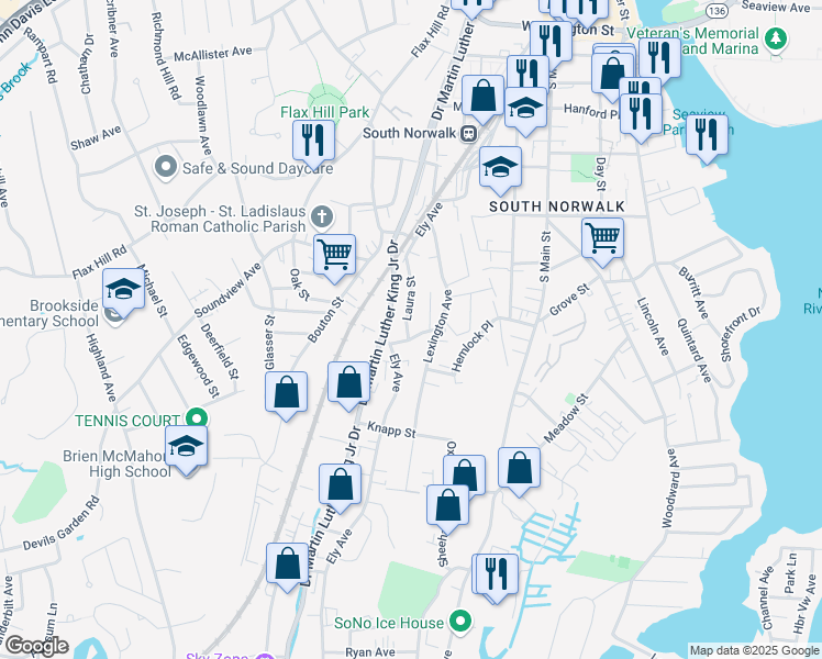 map of restaurants, bars, coffee shops, grocery stores, and more near 187 Ely Avenue in Norwalk