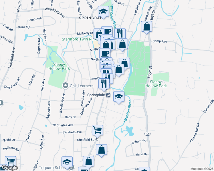 map of restaurants, bars, coffee shops, grocery stores, and more near 898 Hope Street in Stamford