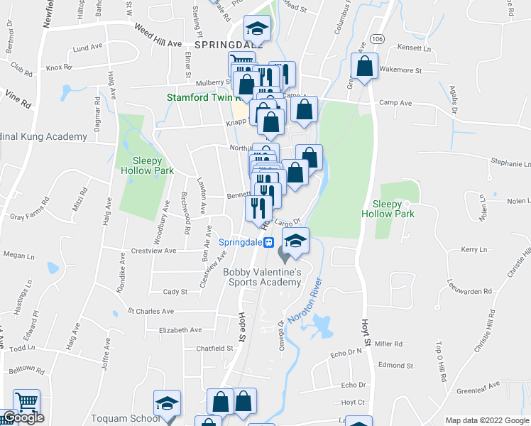 map of restaurants, bars, coffee shops, grocery stores, and more near 898 Hope Street in Stamford