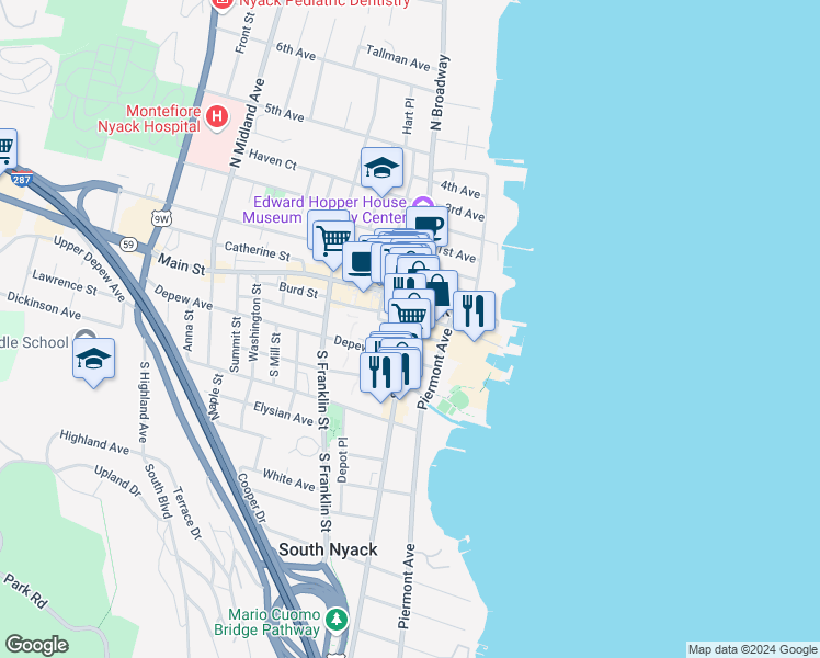 map of restaurants, bars, coffee shops, grocery stores, and more near 37 South Broadway in Nyack
