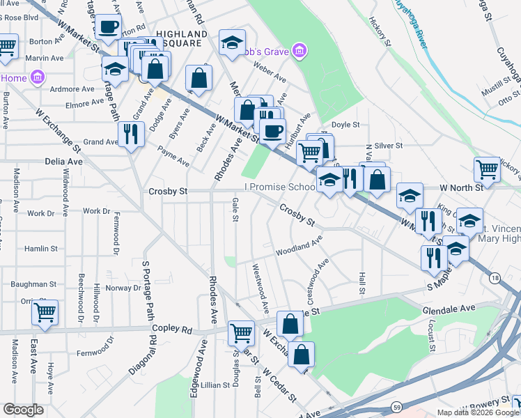 map of restaurants, bars, coffee shops, grocery stores, and more near 116 South Balch Street in Akron