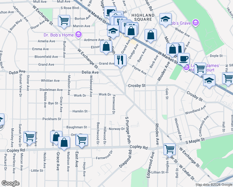 map of restaurants, bars, coffee shops, grocery stores, and more near 312 Fernwood Drive in Akron