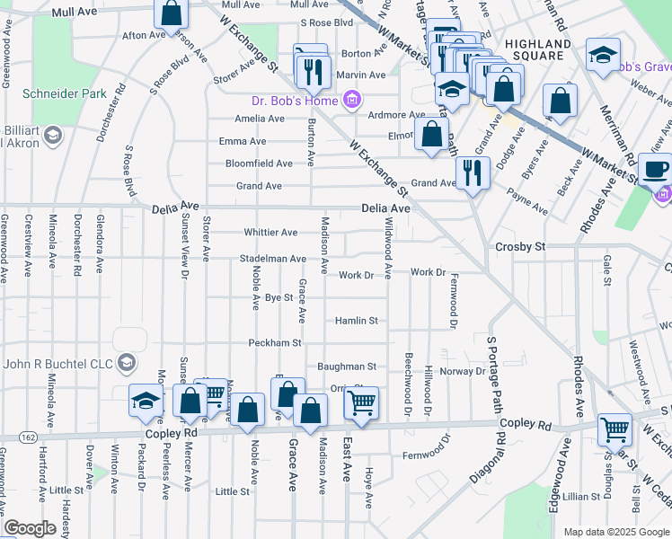 map of restaurants, bars, coffee shops, grocery stores, and more near 313 Madison Avenue in Akron