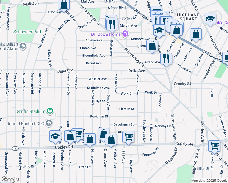 map of restaurants, bars, coffee shops, grocery stores, and more near 313 Madison Avenue in Akron