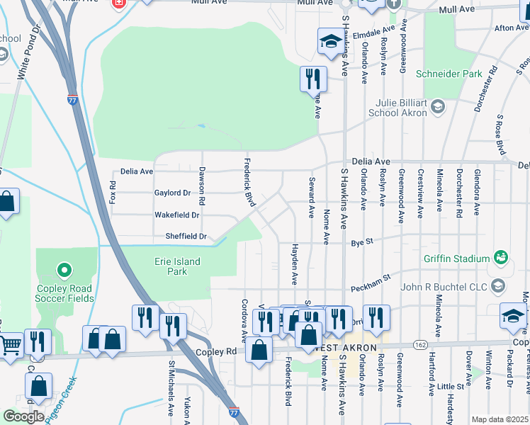 map of restaurants, bars, coffee shops, grocery stores, and more near 1607 Stadelman Avenue in Akron