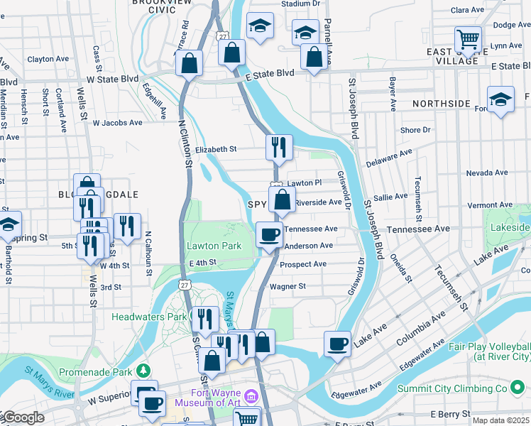 map of restaurants, bars, coffee shops, grocery stores, and more near 1613 Spy Run Avenue in Fort Wayne