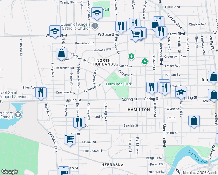 map of restaurants, bars, coffee shops, grocery stores, and more near 1421 Cherokee Road in Fort Wayne