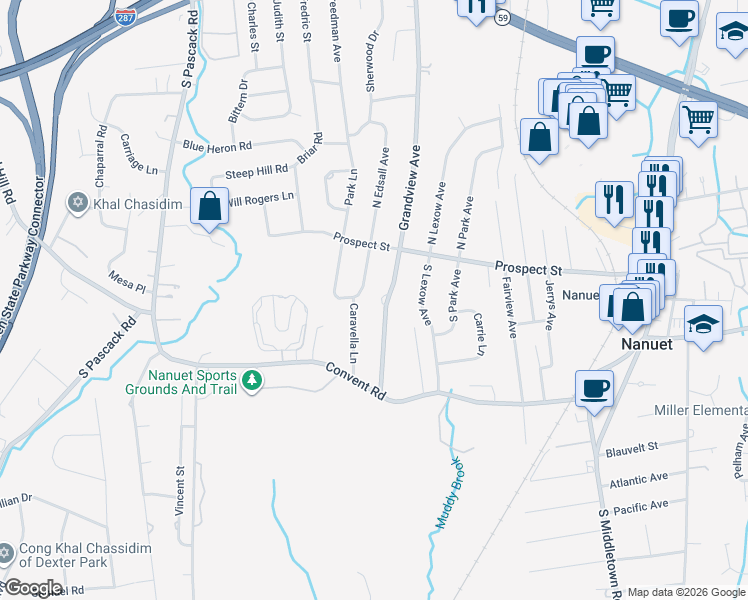map of restaurants, bars, coffee shops, grocery stores, and more near 167 Grandview Avenue in Nanuet