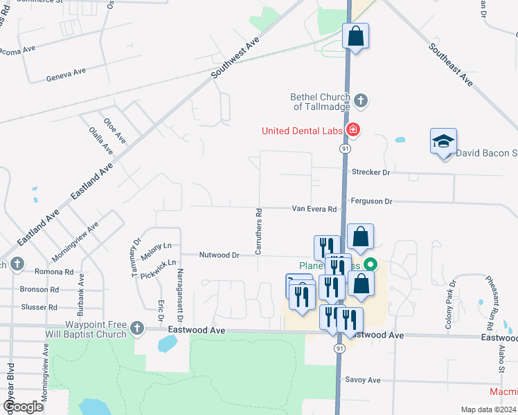 map of restaurants, bars, coffee shops, grocery stores, and more near Caruthers Road in Tallmadge