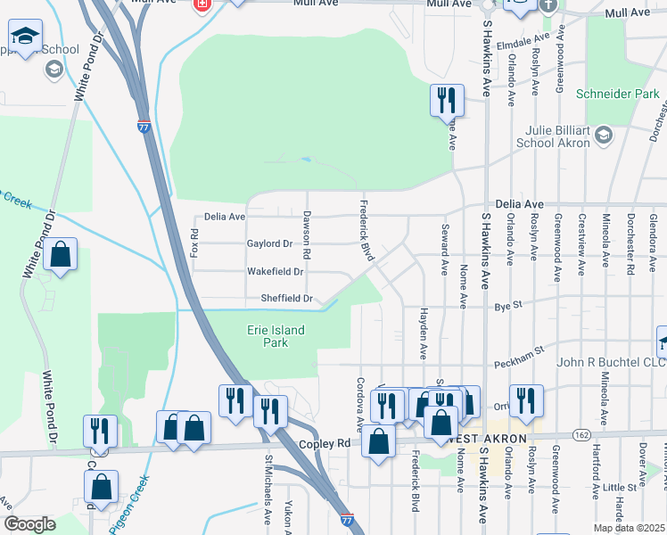 map of restaurants, bars, coffee shops, grocery stores, and more near 1689 Wakefield Drive in Akron