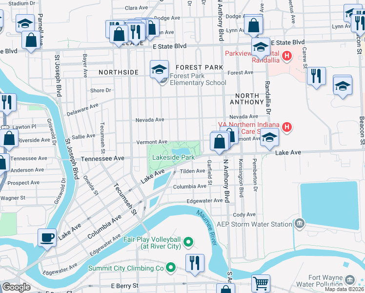 map of restaurants, bars, coffee shops, grocery stores, and more near 1200 Lake Avenue in Fort Wayne