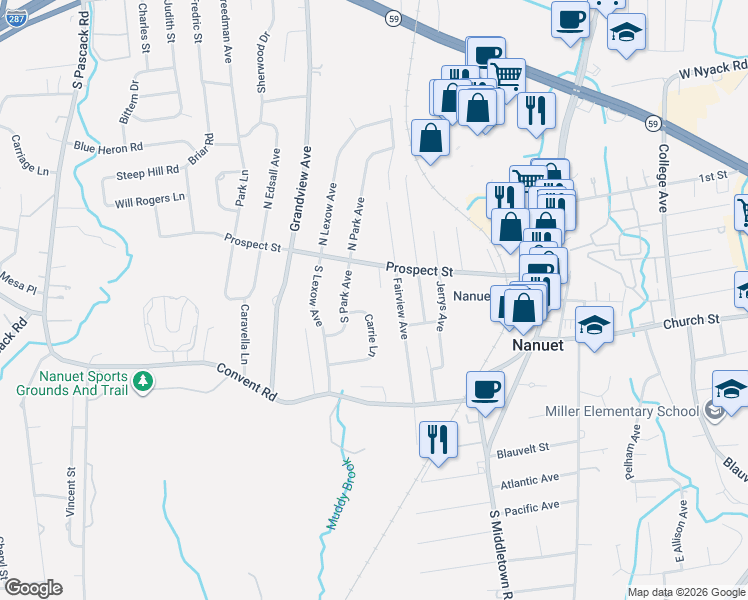 map of restaurants, bars, coffee shops, grocery stores, and more near 8 Carrie Lane in Nanuet