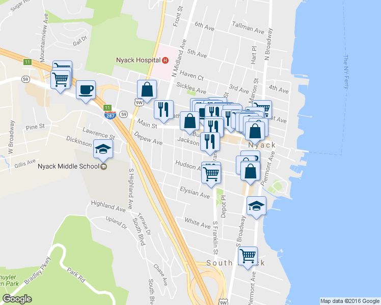 map of restaurants, bars, coffee shops, grocery stores, and more near 4 South Mill Street in Nyack