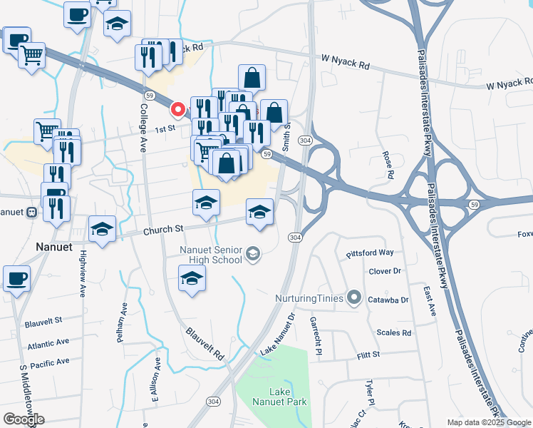 map of restaurants, bars, coffee shops, grocery stores, and more near 143 Church Street in Nanuet