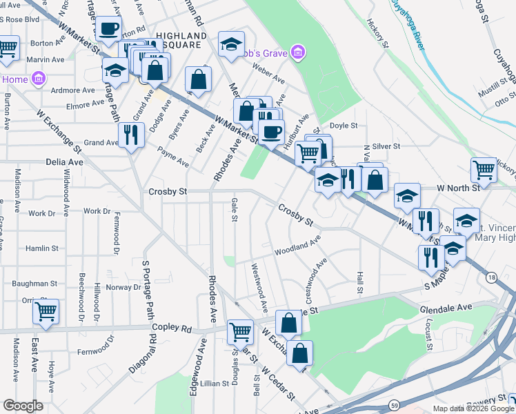 map of restaurants, bars, coffee shops, grocery stores, and more near 116 South Balch Street in Akron