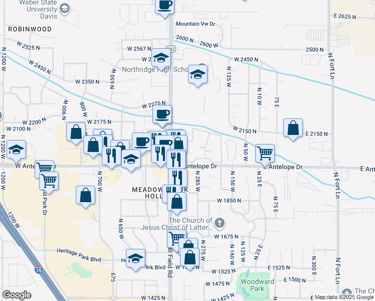 map of restaurants, bars, coffee shops, grocery stores, and more near 308 Antelope Drive in Layton