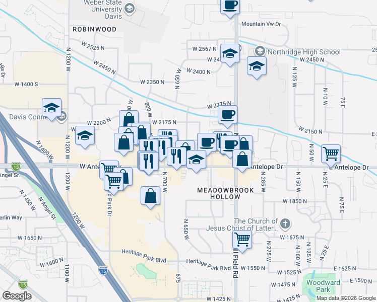 map of restaurants, bars, coffee shops, grocery stores, and more near 664 Antelope Drive in Layton