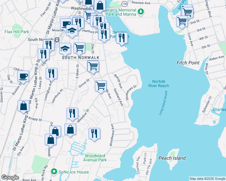 map of restaurants, bars, coffee shops, grocery stores, and more near 30 Lincoln Avenue in Norwalk