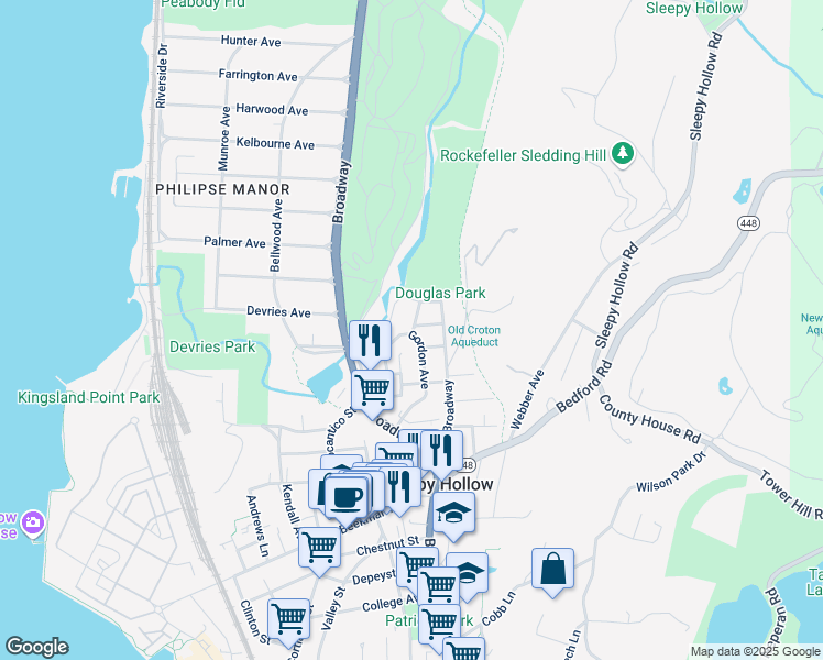 map of restaurants, bars, coffee shops, grocery stores, and more near 132 Van Tassel Avenue in Sleepy Hollow
