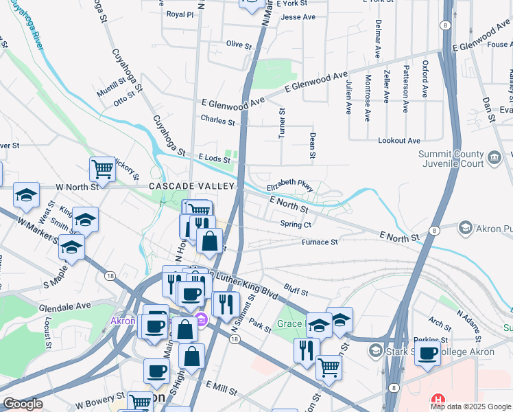 map of restaurants, bars, coffee shops, grocery stores, and more near 212 East North Street in Akron