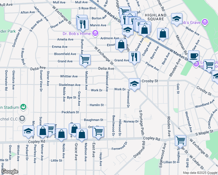 map of restaurants, bars, coffee shops, grocery stores, and more near 319 Wildwood Avenue in Akron