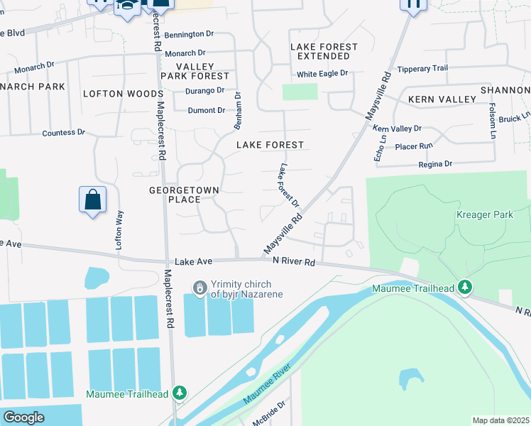 map of restaurants, bars, coffee shops, grocery stores, and more near 6701-6741 Maysville Road in Fort Wayne