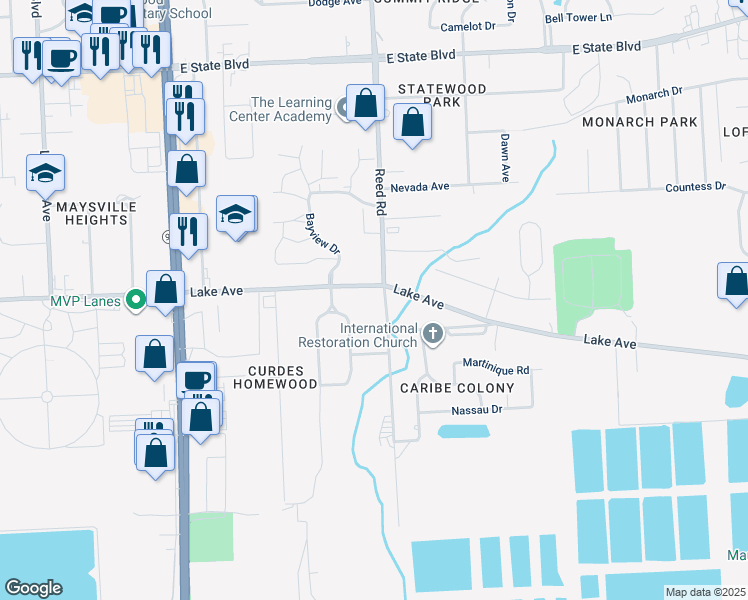 map of restaurants, bars, coffee shops, grocery stores, and more near 1336 Pinevalley Drive in Fort Wayne