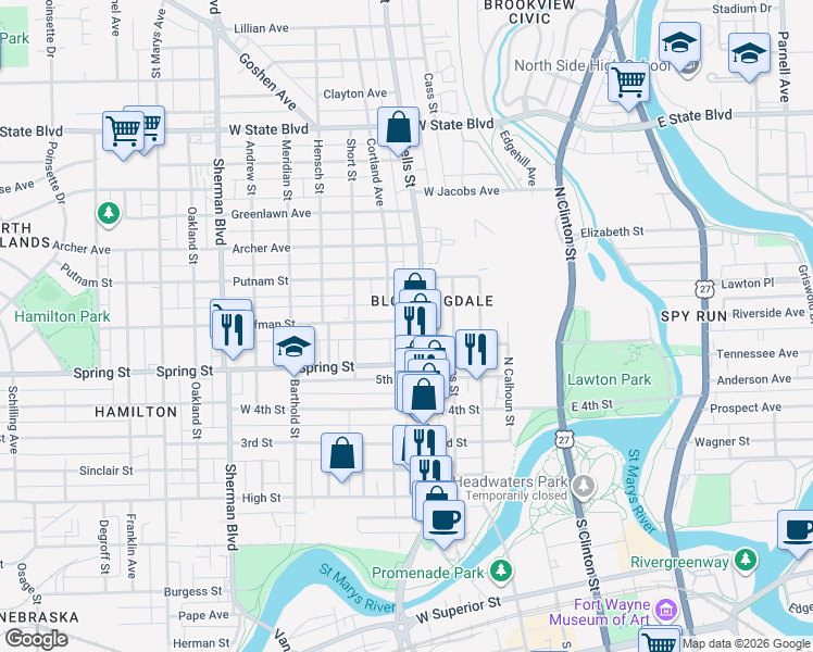 map of restaurants, bars, coffee shops, grocery stores, and more near 1627 Wells Street in Fort Wayne