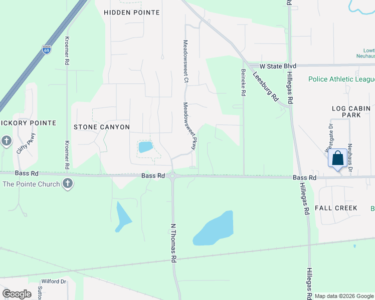 map of restaurants, bars, coffee shops, grocery stores, and more near 1708 Morgan Creek Drive in Fort Wayne