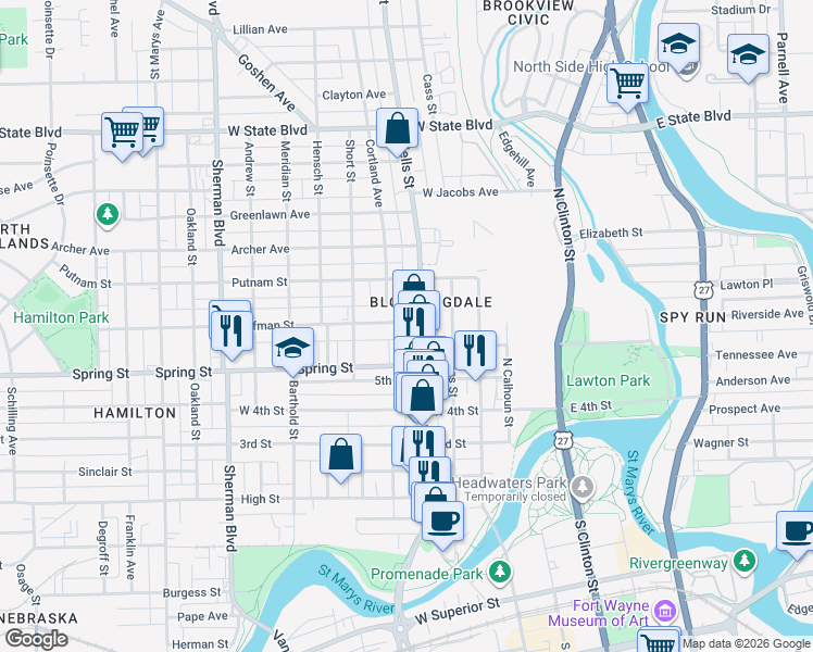 map of restaurants, bars, coffee shops, grocery stores, and more near 1627 Wells Street in Fort Wayne