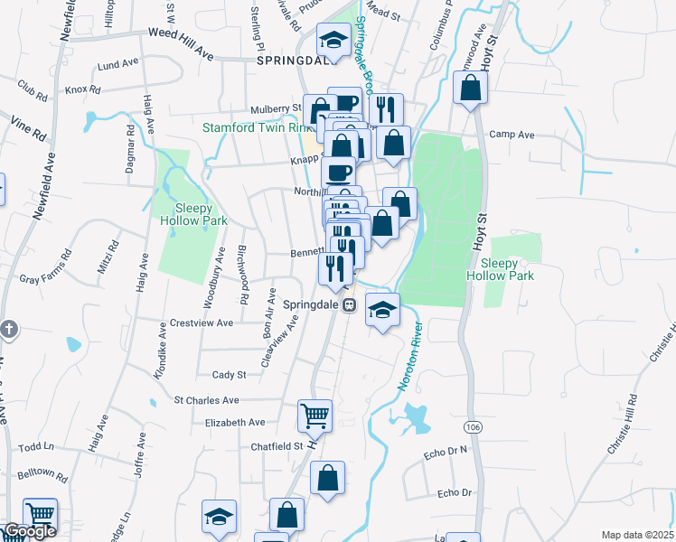 map of restaurants, bars, coffee shops, grocery stores, and more near 898 Hope Street in Stamford