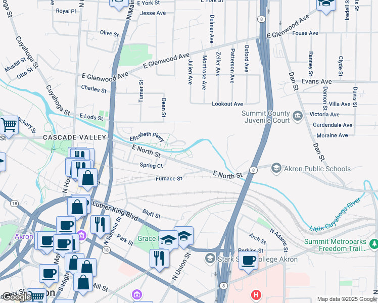 map of restaurants, bars, coffee shops, grocery stores, and more near 247 East North Street in Akron