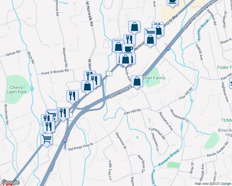 map of restaurants, bars, coffee shops, grocery stores, and more near Governor John Davis Lodge Turnpike in Norwalk