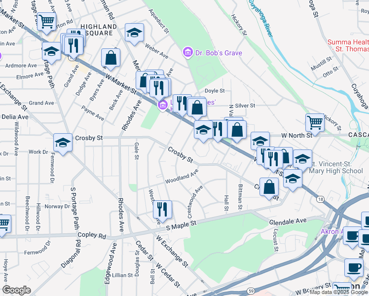 map of restaurants, bars, coffee shops, grocery stores, and more near 57 Oakdale Avenue in Akron