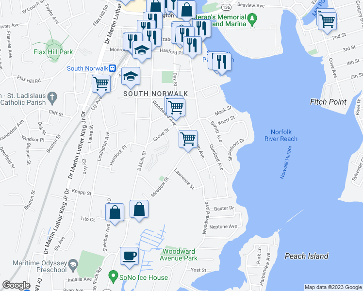 map of restaurants, bars, coffee shops, grocery stores, and more near 67 Woodward Avenue in Norwalk
