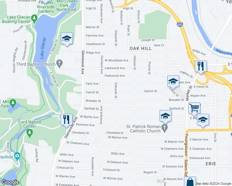map of restaurants, bars, coffee shops, grocery stores, and more near 1001 Edwards Street in Youngstown