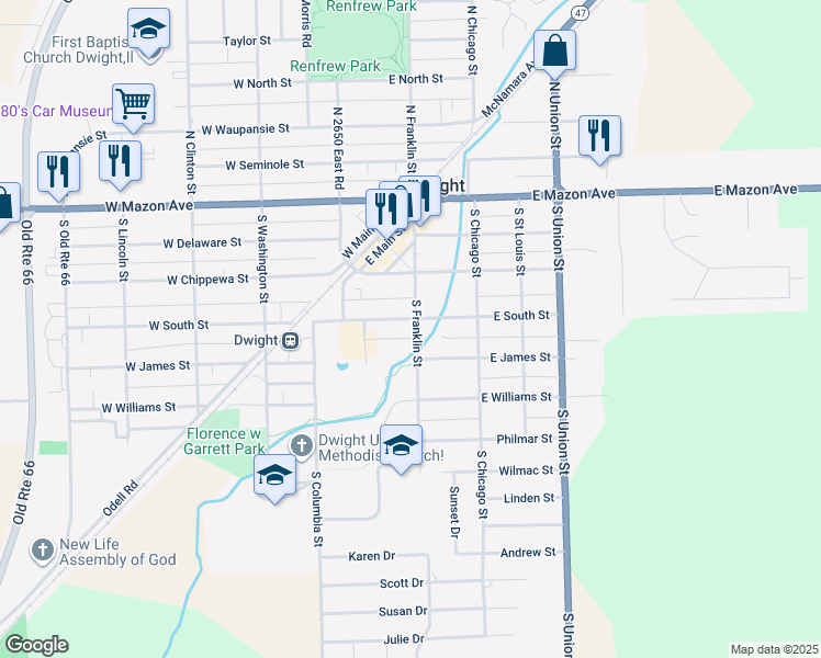 map of restaurants, bars, coffee shops, grocery stores, and more near 124 East South Street in Dwight