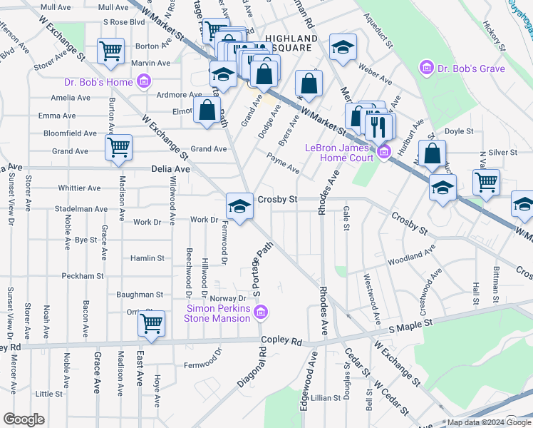 map of restaurants, bars, coffee shops, grocery stores, and more near 160 Hyde Avenue in Akron