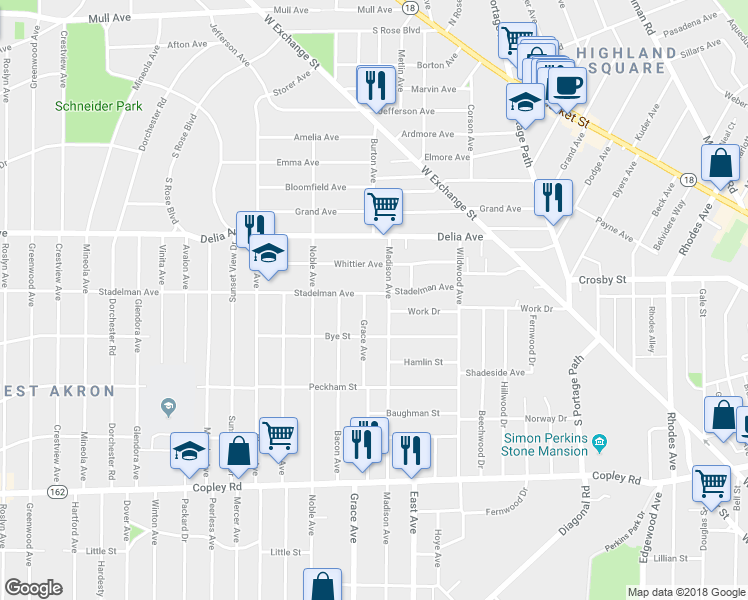 map of restaurants, bars, coffee shops, grocery stores, and more near 980 Whittier Avenue in Akron