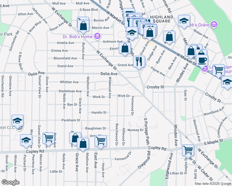 map of restaurants, bars, coffee shops, grocery stores, and more near 821 Stadelman Avenue in Akron