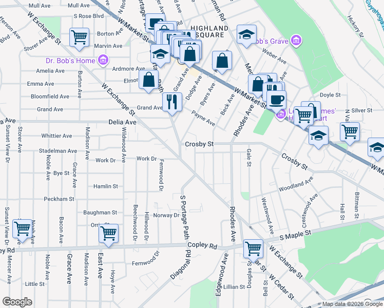 map of restaurants, bars, coffee shops, grocery stores, and more near 160 Hyde Avenue in Akron