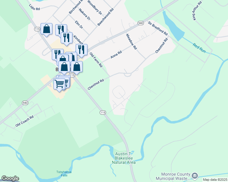 map of restaurants, bars, coffee shops, grocery stores, and more near 37 Camp Stead Circle in Blakeslee