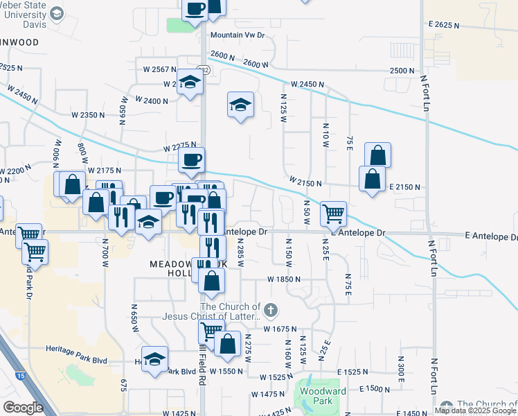 map of restaurants, bars, coffee shops, grocery stores, and more near 288 Antelope Drive in Layton