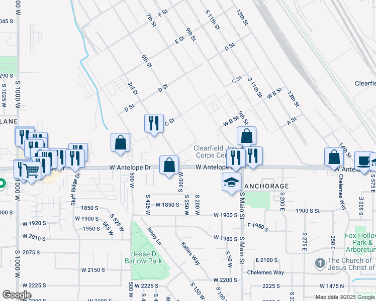 map of restaurants, bars, coffee shops, grocery stores, and more near 55 B Street in Clearfield