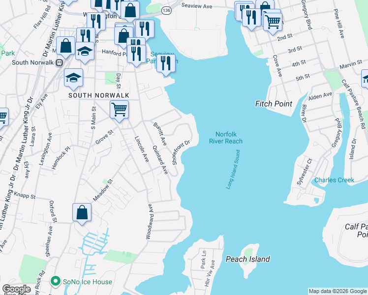 map of restaurants, bars, coffee shops, grocery stores, and more near 31 Shorefront Park in Norwalk