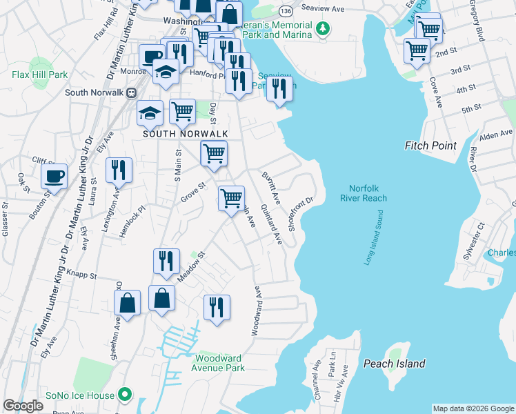 map of restaurants, bars, coffee shops, grocery stores, and more near 13 Quintard Avenue in Norwalk