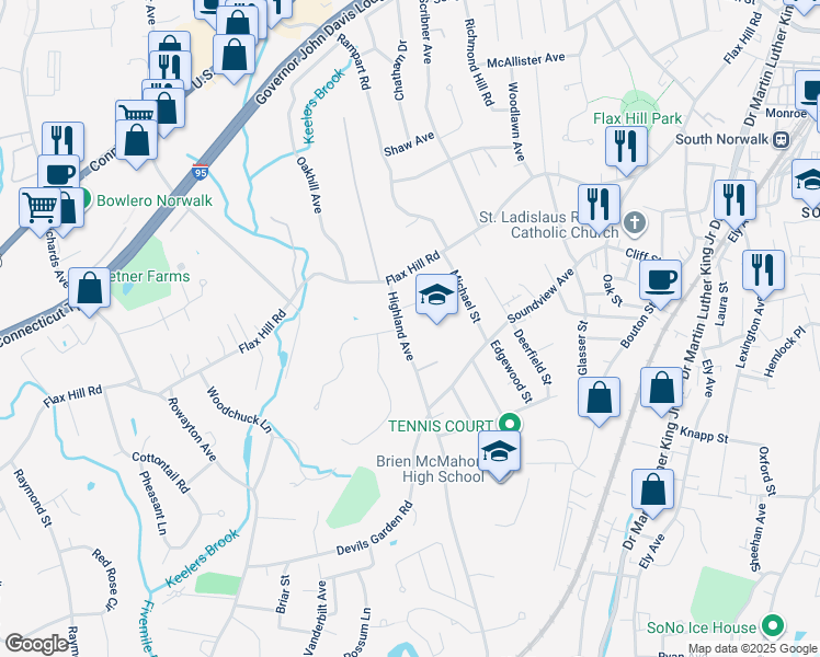 map of restaurants, bars, coffee shops, grocery stores, and more near 1 Meredith Court in Norwalk