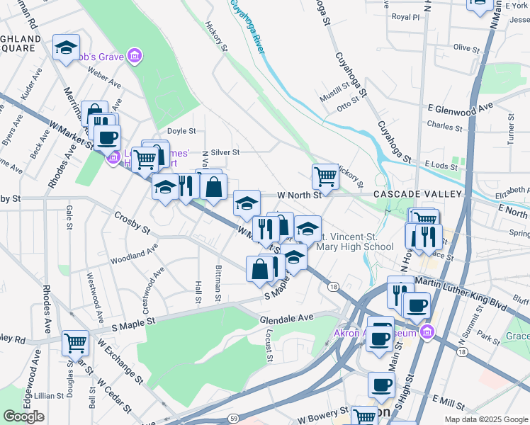 map of restaurants, bars, coffee shops, grocery stores, and more near 242 West North Street in Akron