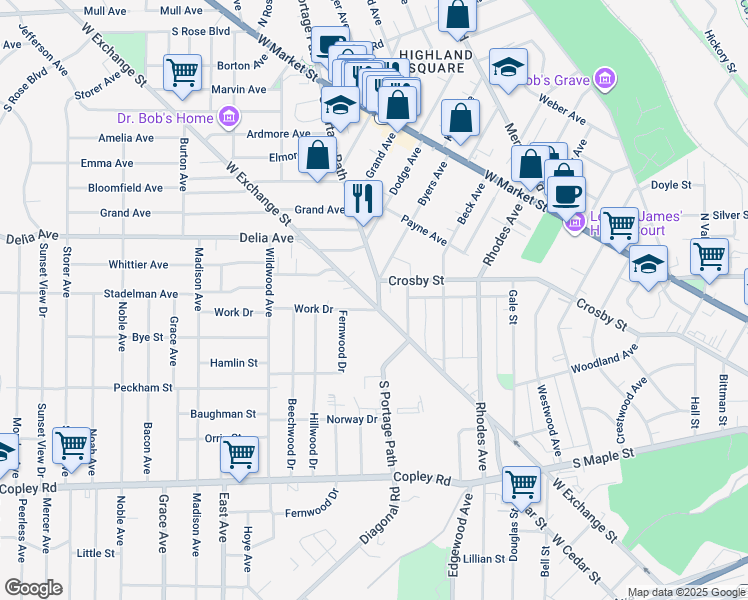 map of restaurants, bars, coffee shops, grocery stores, and more near 240 South Portage Path in Akron