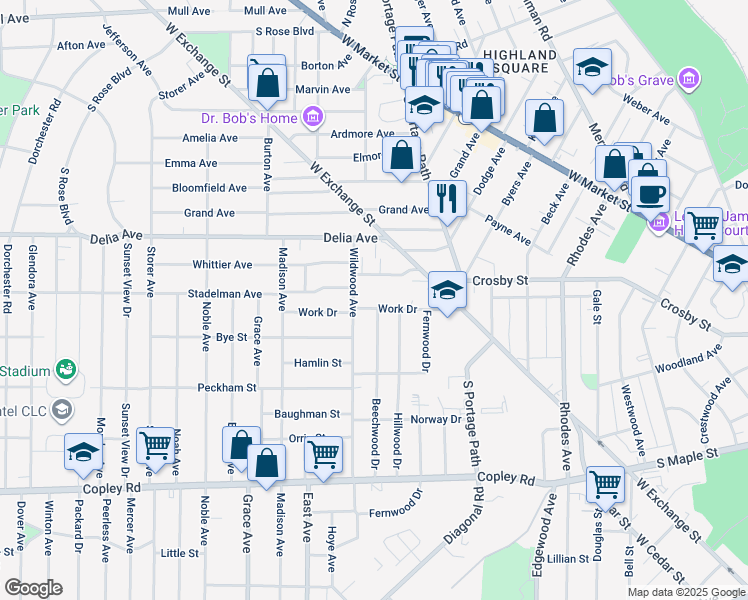 map of restaurants, bars, coffee shops, grocery stores, and more near 821 Stadelman Avenue in Akron